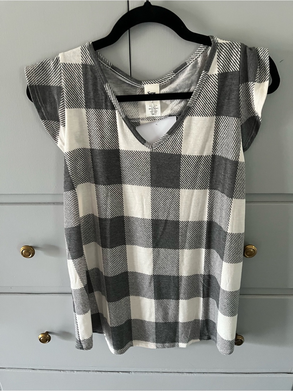 Sew In Love Gray & White Buffalo Plaid V-Neck Short Sleeve Top